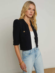 Delilah Cropped Cardigan in Black/Gold Knot | L'AGENCE for sale