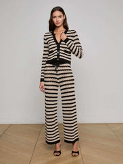 Orla Pointelle Knit Cardigan in Black/Natural Stripe | L'AGENCE for sale