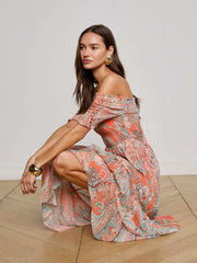 Oriel Off-The-Shoulder Dress - Orange/Light Blue Paisley | L'AGENCE for sale