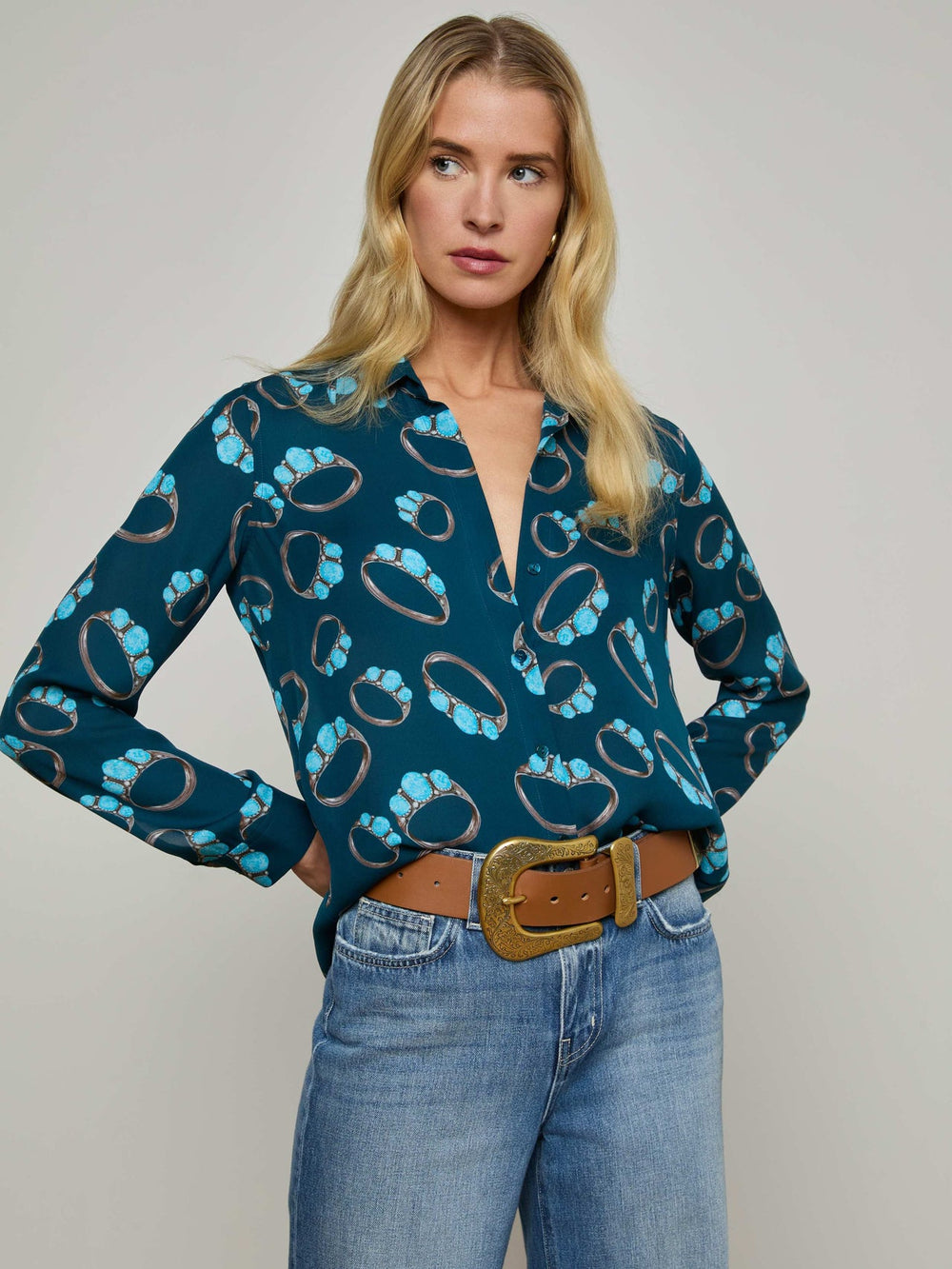 Nina Silk Blouse in Midnight Multi Turquoise Stone | L'AGENCE sale