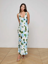 Akiya Satin Maxi Dress in Ivory/Light Blue Large Hydrangea | L'AGENCE discount