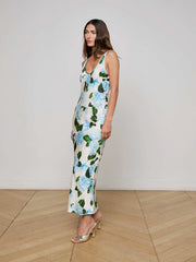 Akiya Satin Maxi Dress in Ivory/Light Blue Large Hydrangea | L'AGENCE discount