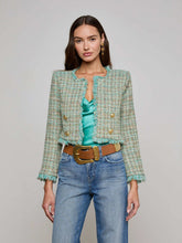 Clydie Cropped Tweed Jacket in Lagoon/Light Brown Tweed | L'AGENCE online