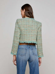 Clydie Cropped Tweed Jacket in Lagoon/Light Brown Tweed | L'AGENCE online