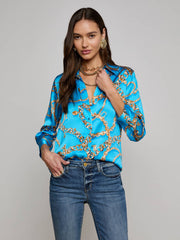 Dani Silk Blouse in Dresden Blue/Gold Multi Southwest Chain | L'AGENCE online