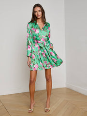 Virlen Satin Shirt Dress in Green Multi Large Santa Fe Rose | L'AGENCE for sale