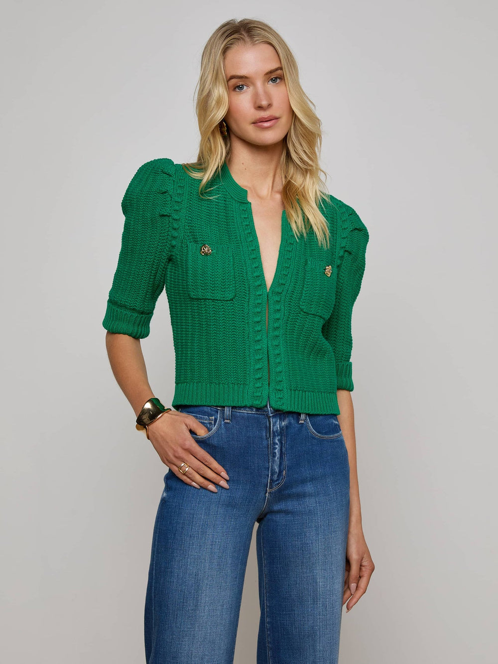 Delilah Cropped Cardigan in Kelly Green/Gold Knot | L'AGENCE sale