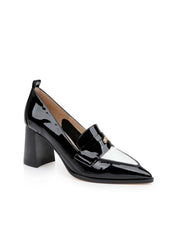 Mallory Leather Block-Heel Loafer in Black/White Patent | L'AGENCE Women