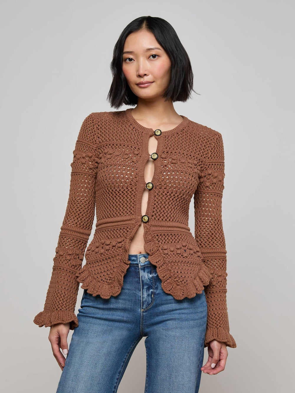 Kiva Knit Cardigan in Dark Cinnamon Swirl/Gold | L'AGENCE for sale
