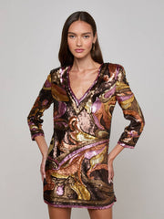 Octavia Sequin Shift Dress in Brown/Pink Multi Large Abstract Paisley | L'AGENCE online