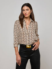 Nina Silk Blouse in Ecru Multi Large Geo Print | L'AGENCE online