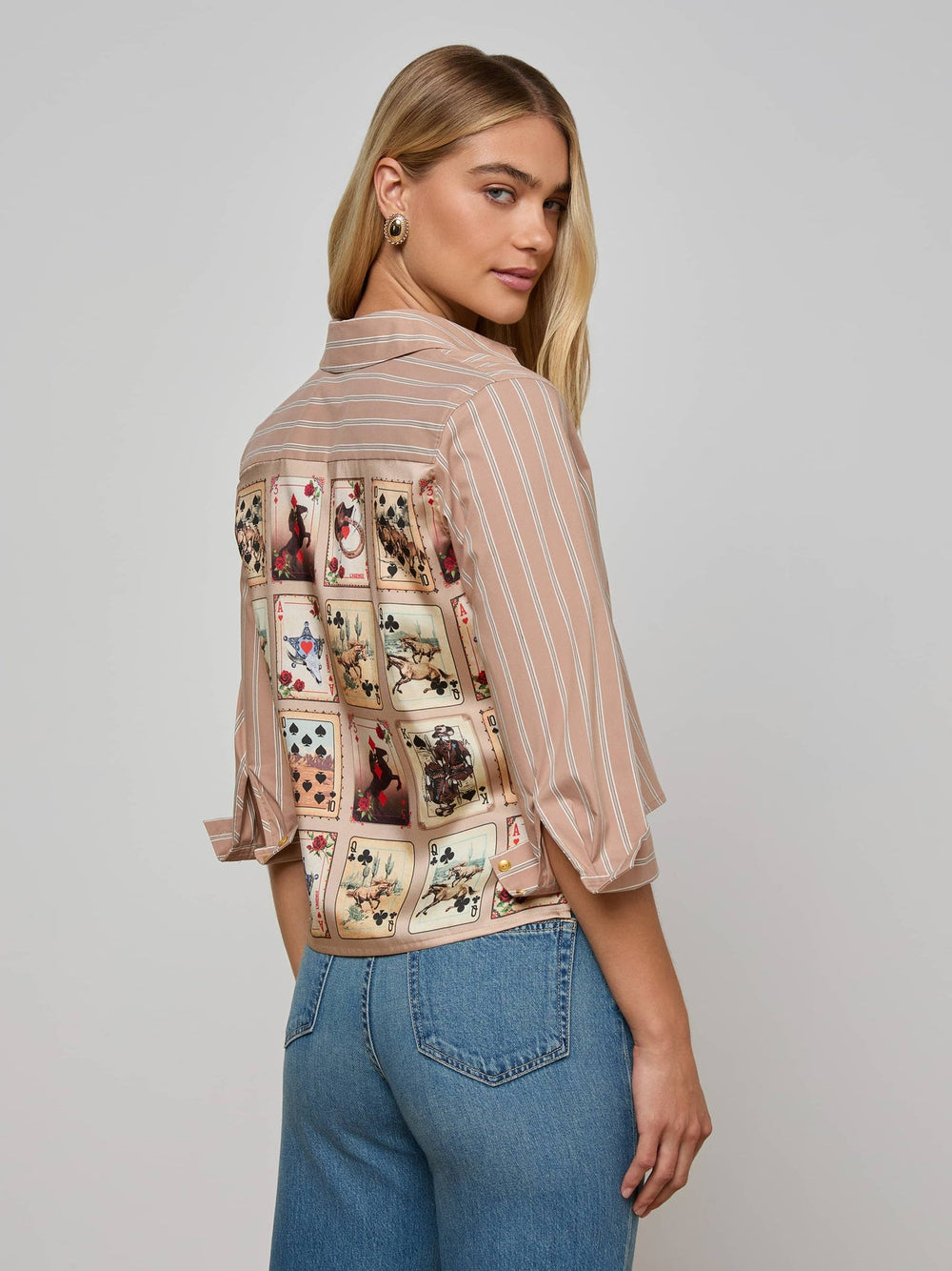Fawn Western Card Print Shirt in Fawn Stripe/Tan Multi Western Cards | L'AGENCE discount