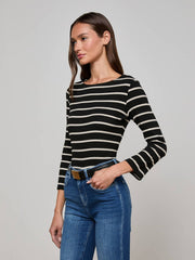 Lucille Striped Boatneck Top in Black/Oat Stripe | L'AGENCE for sale