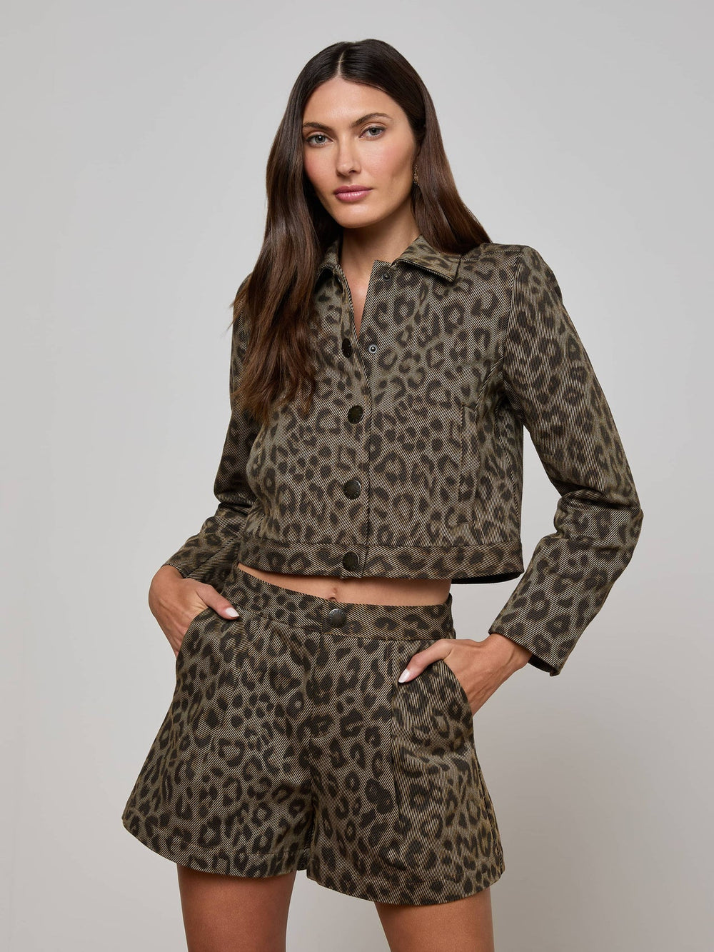 Marla Cropped Jacket in Tan Multi Leopard | L'AGENCE US