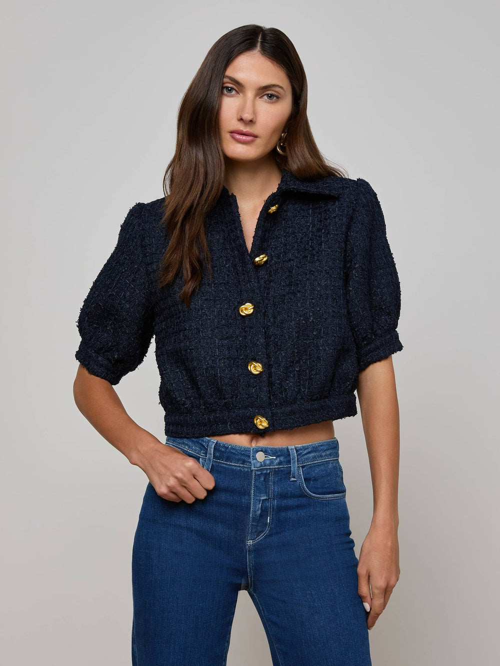 Cove Cropped Tweed Jacket in Midnight | L'AGENCE US