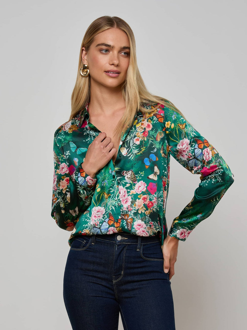 Tyler Silk Blouse in Bottle Green Multi Charonda Butterfly | L'AGENCE sale