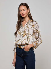 Dani Silk Blouse in Smoke Grey/Gold Long Horn Chain | L'AGENCE online