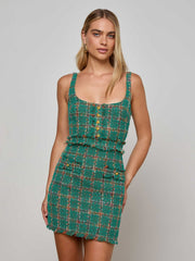 Valli Tweed Mini Dress in Green Windowpane Tweed | L'AGENCE for sale
