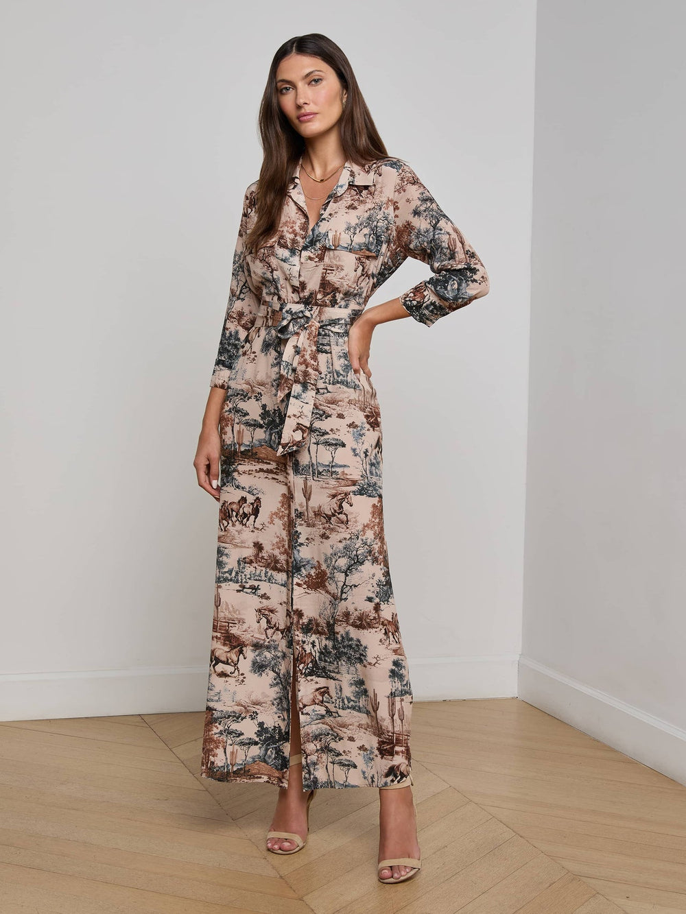 Cameron Silk Shirt Dress in Tan Multi Western Toile | L'AGENCE sale