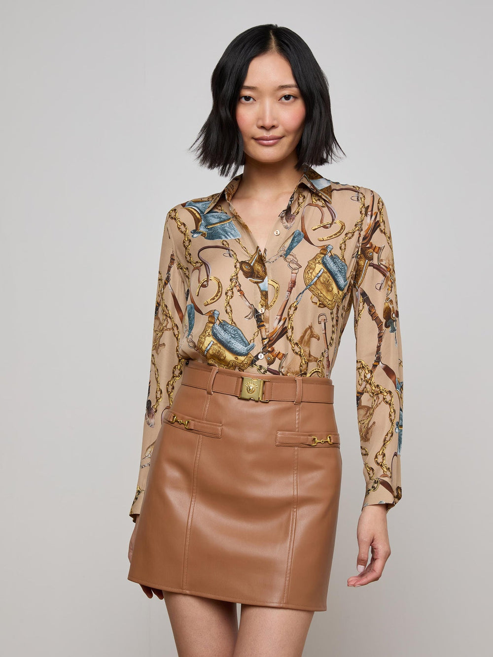 Nina Silk Blouse in Dark Cappuccino Multi Equestrian Saddle | L'AGENCE for sale