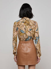 Nina Silk Blouse in Dark Cappuccino Multi Equestrian Saddle | L'AGENCE for sale