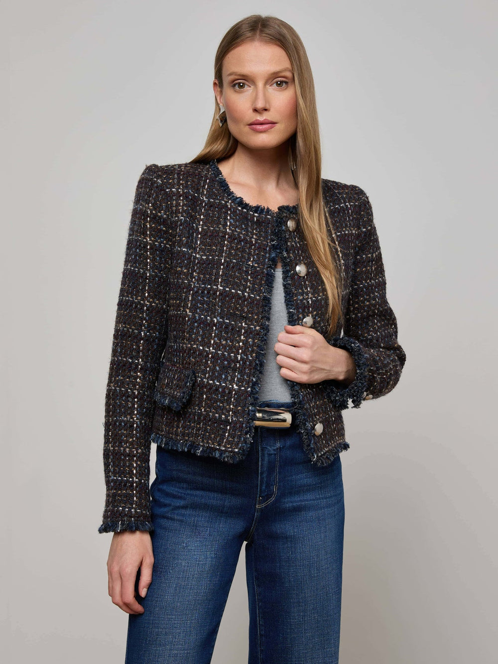 Zaya Tweed Jacket in Midnight Brown Multi Tweed | L'AGENCE sale