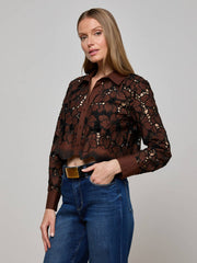 Seychelle Cropped Lace Blouse in Hot Fudge/Black | L'AGENCE discount
