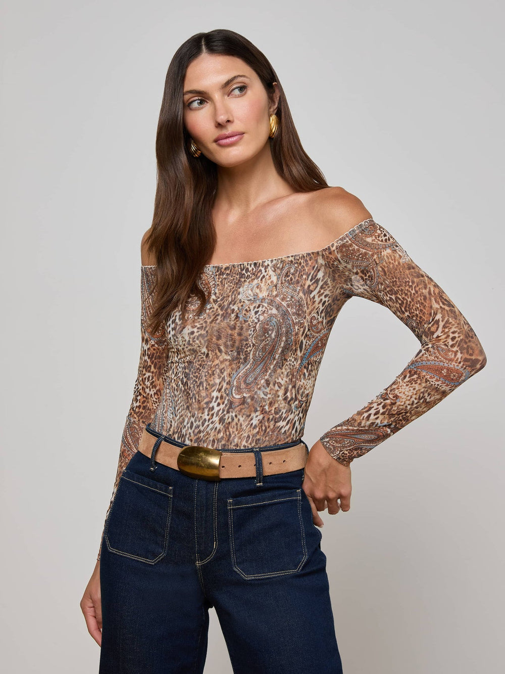 Peonie Off-The-Shoulder Bodysuit in Brown/Blue Valencia Leopard | L'AGENCE Women