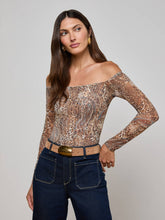 Peonie Off-The-Shoulder Bodysuit in Brown/Blue Valencia Leopard | L'AGENCE Women