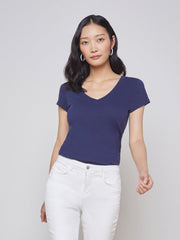 Becca Cotton V-Neck Tee in Navy | L'AGENCE online