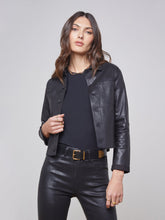 Janelle 3/4 Sleeve Coated Jean Jacket in Saturated Black Coated | L'AGENCE Women