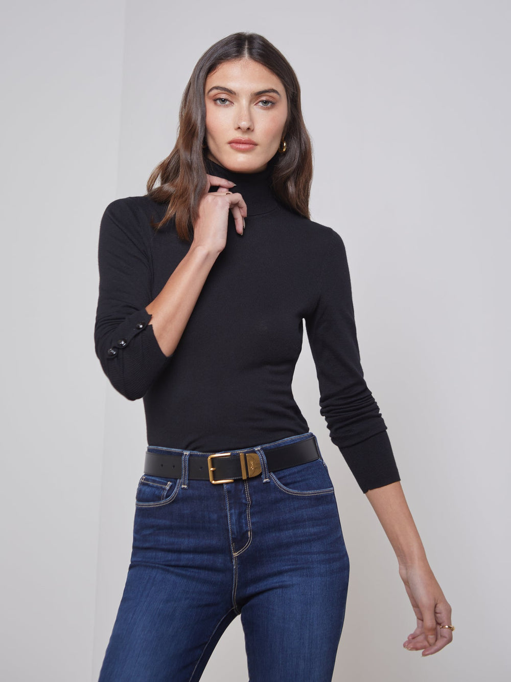 Flora Long Sleeve Turtleneck in Black/Black | L'AGENCE sale