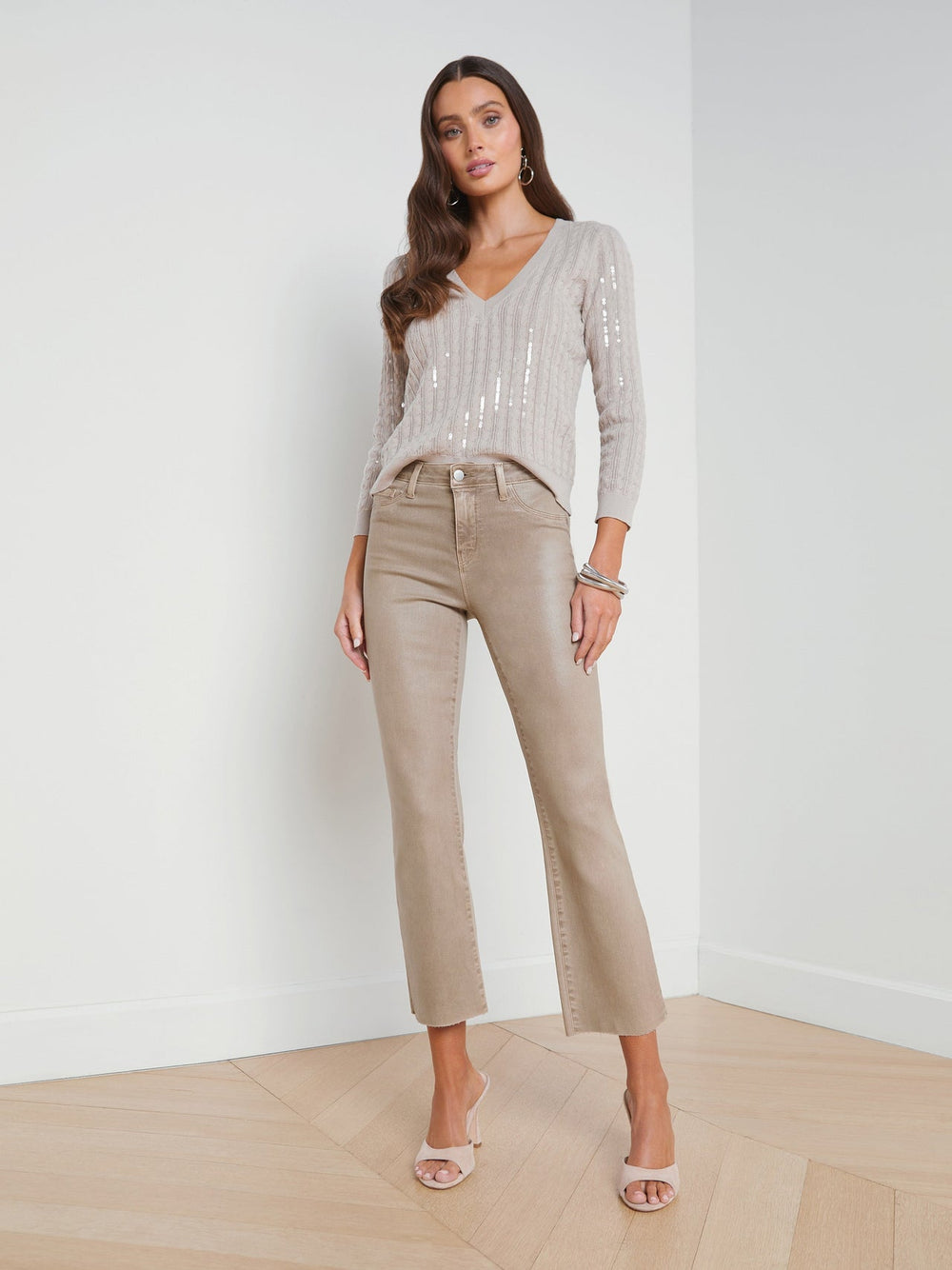 Kendra Coated Cropped Flare Jean in Rye Coated | L'AGENCE discount