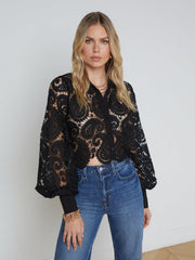Odelia Cropped Paisley Lace Blouse in Black | L'AGENCE sale
