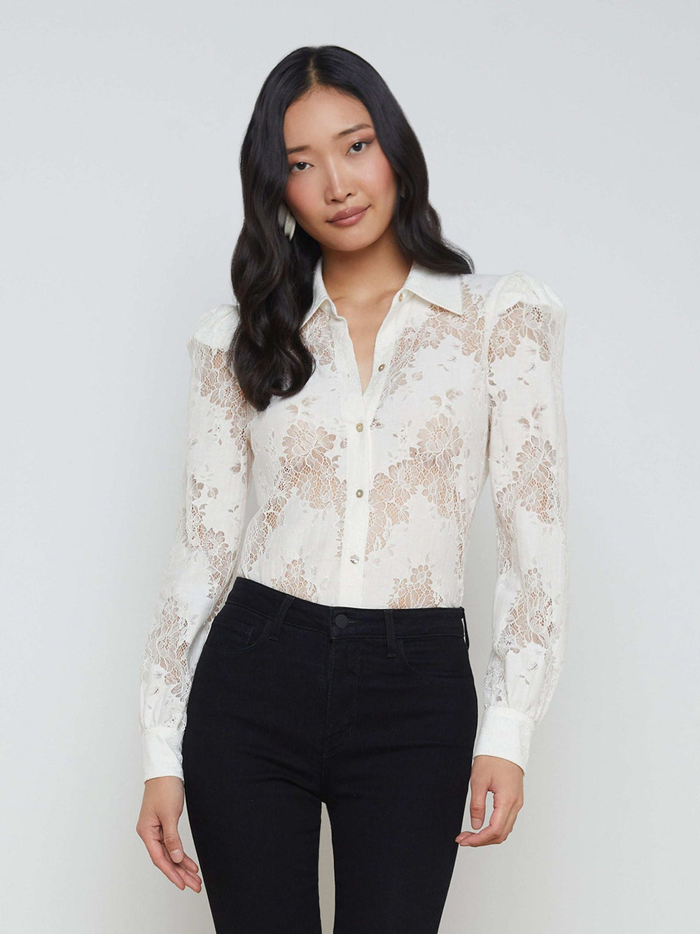 Jenica Long-Sleeve Lace Button-Down Blouse in Ivory | L'AGENCE near me