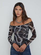 Peonie Off-The-Shoulder Bodysuit in Black/White Buckle Chain | L'AGENCE near me