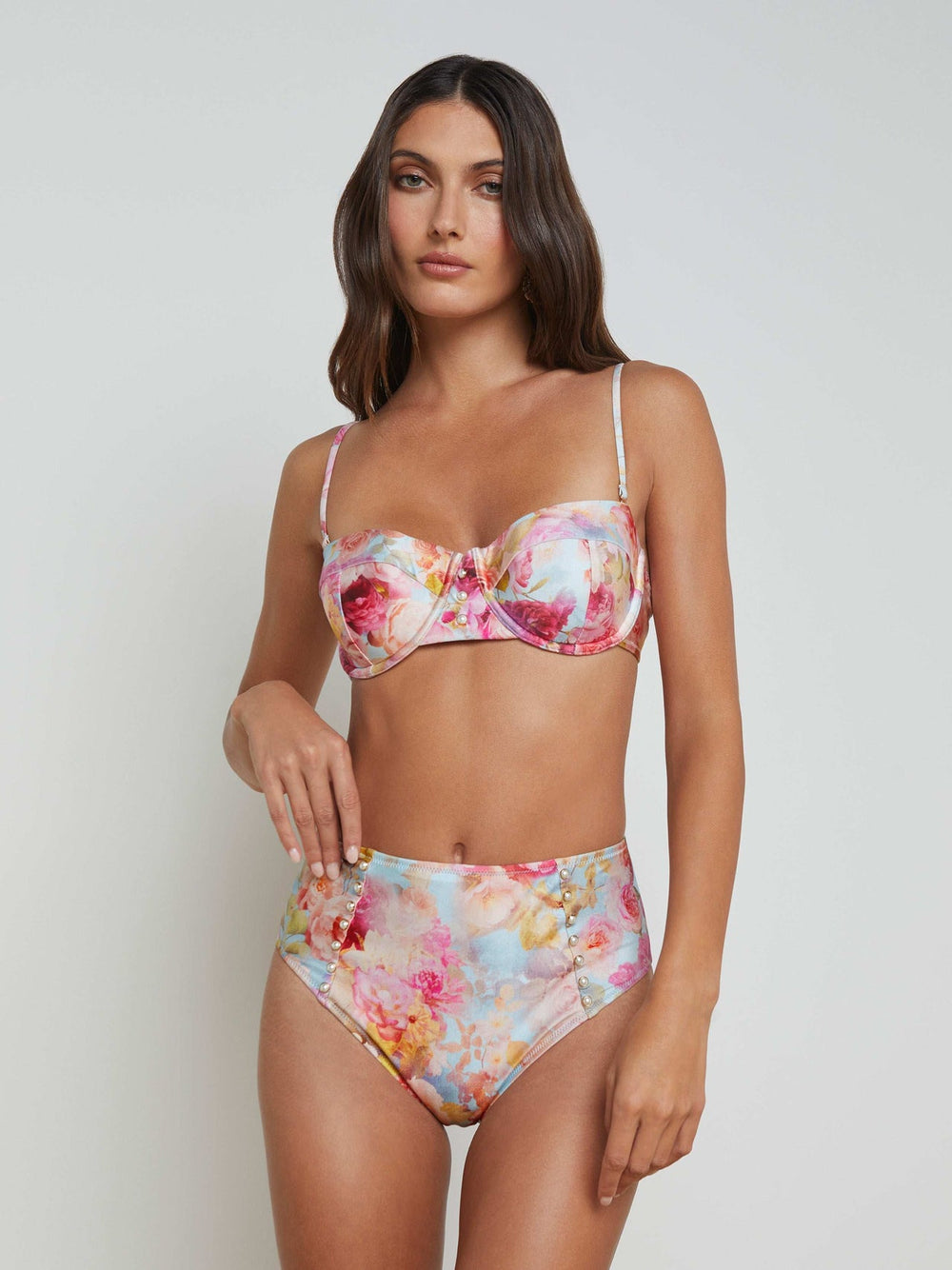 Vanessa High-Waisted Bikini Bottom in Multi Soft Cloud Floral | L'AGENCE US