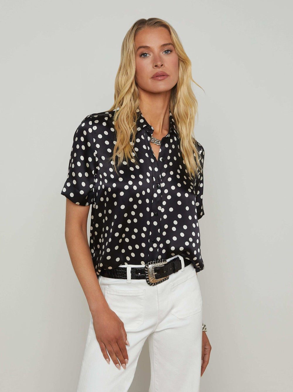 Ellah Silk Blouse in Black/Ecru Polka Dot | L'AGENCE for sale