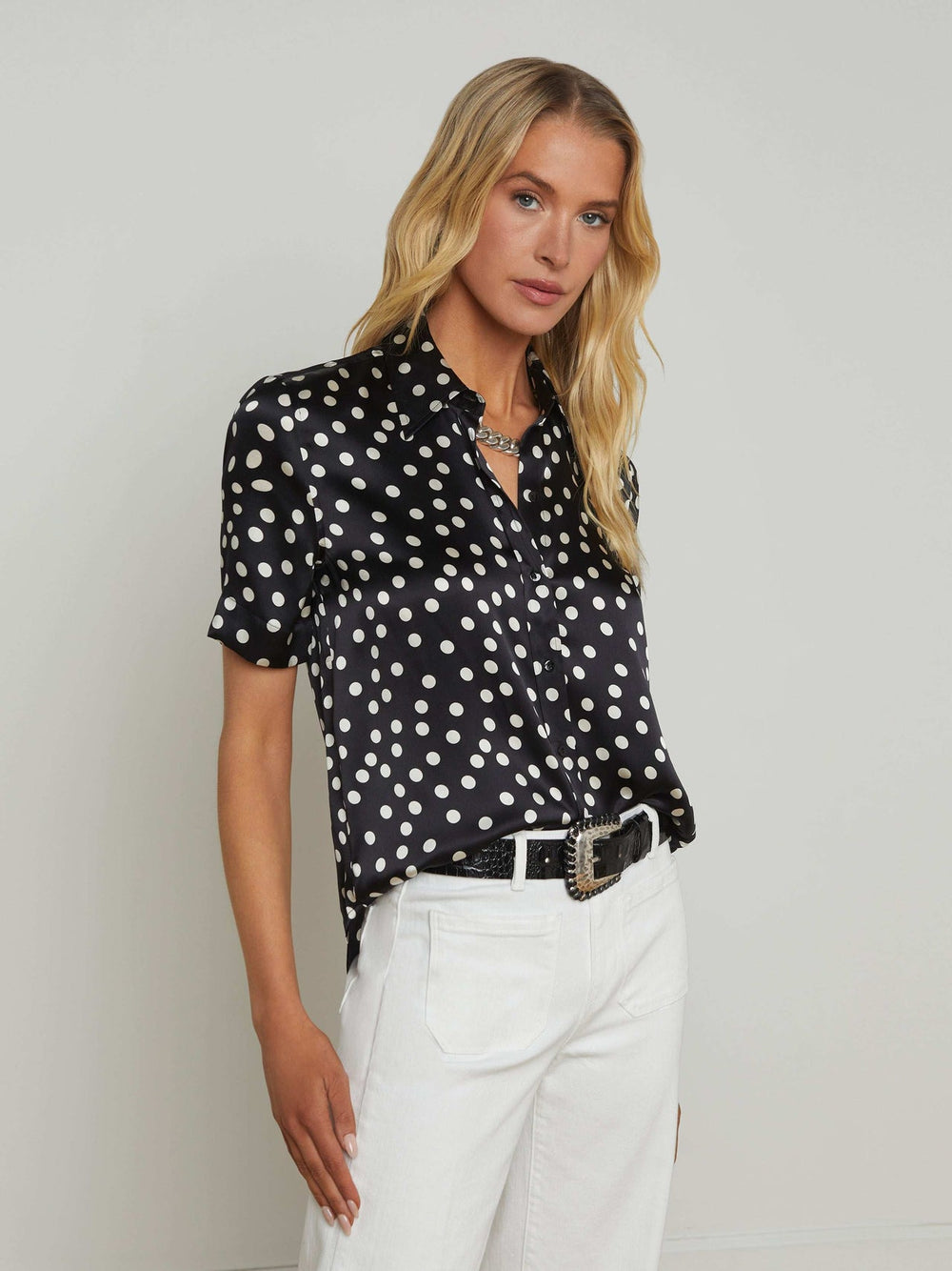 Ellah Silk Blouse in Black/Ecru Polka Dot | L'AGENCE for sale