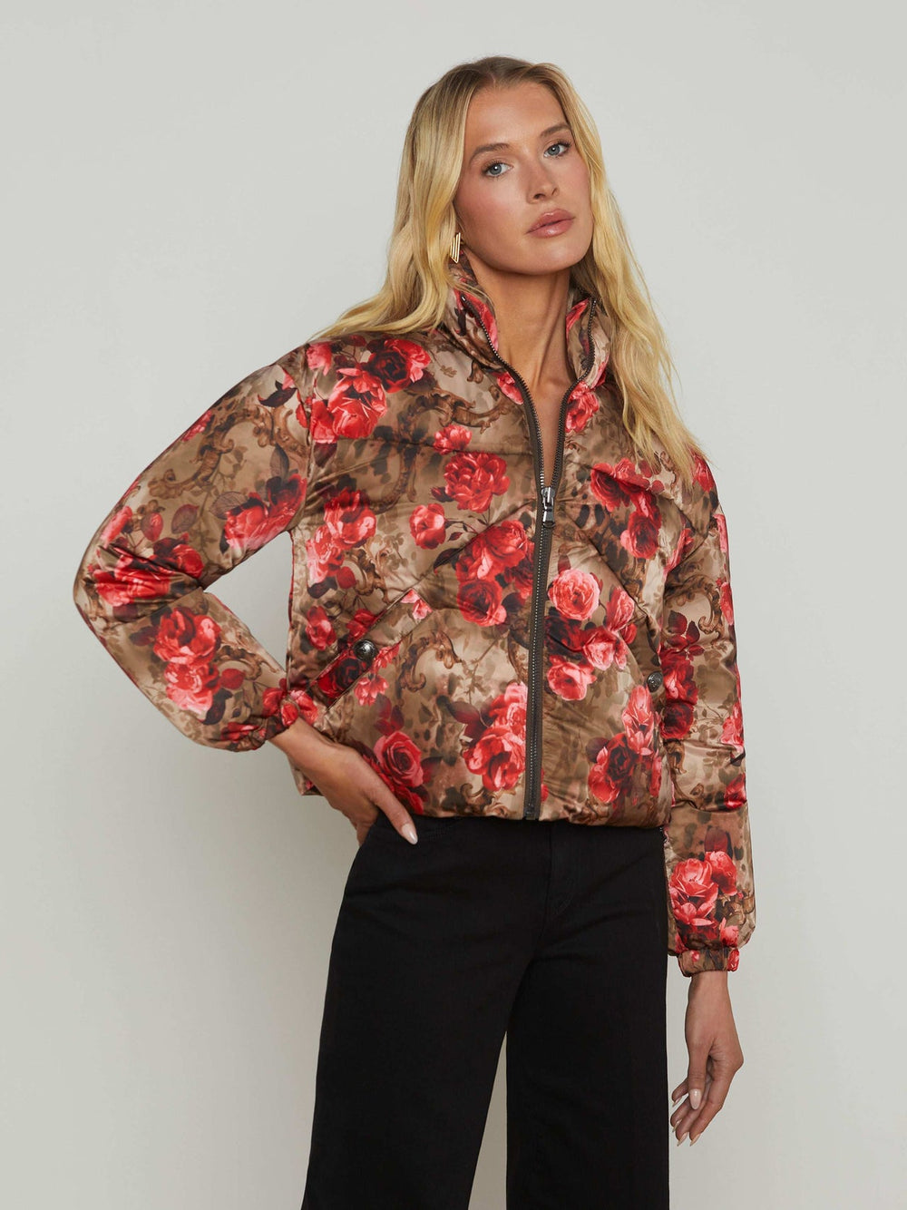 Jessi Cropped Puffer Jacket in Army/Pink Floral Cheetah | L'AGENCE sale