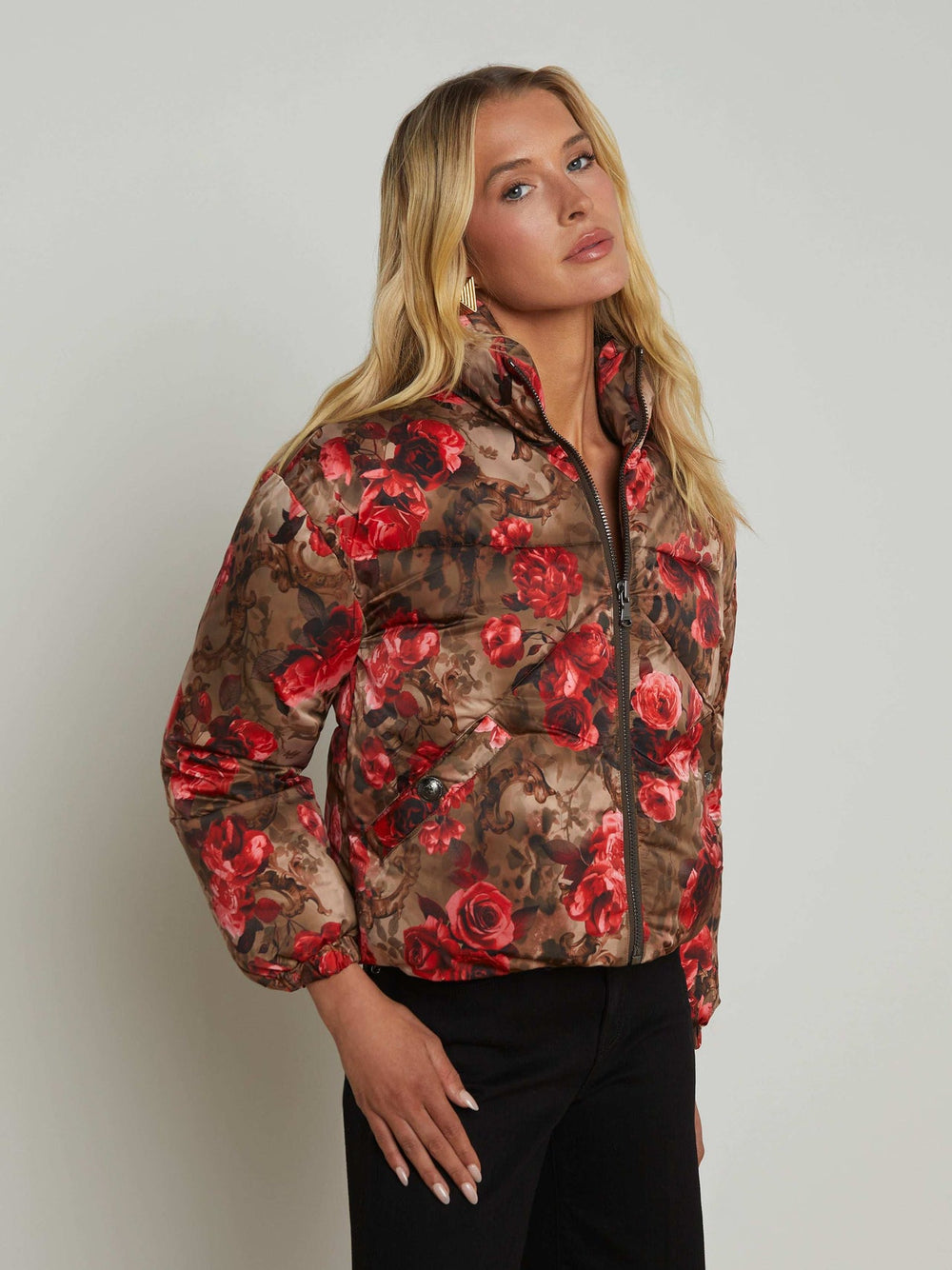 Jessi Cropped Puffer Jacket in Army/Pink Floral Cheetah | L'AGENCE sale