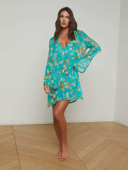 Ansley Cover-Up Dress in Teal Multi Watercolor Cherry Blossom | L'AGENCE online
