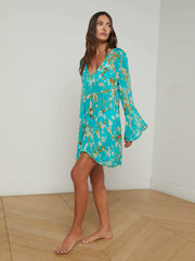 Ansley Cover-Up Dress in Teal Multi Watercolor Cherry Blossom | L'AGENCE online