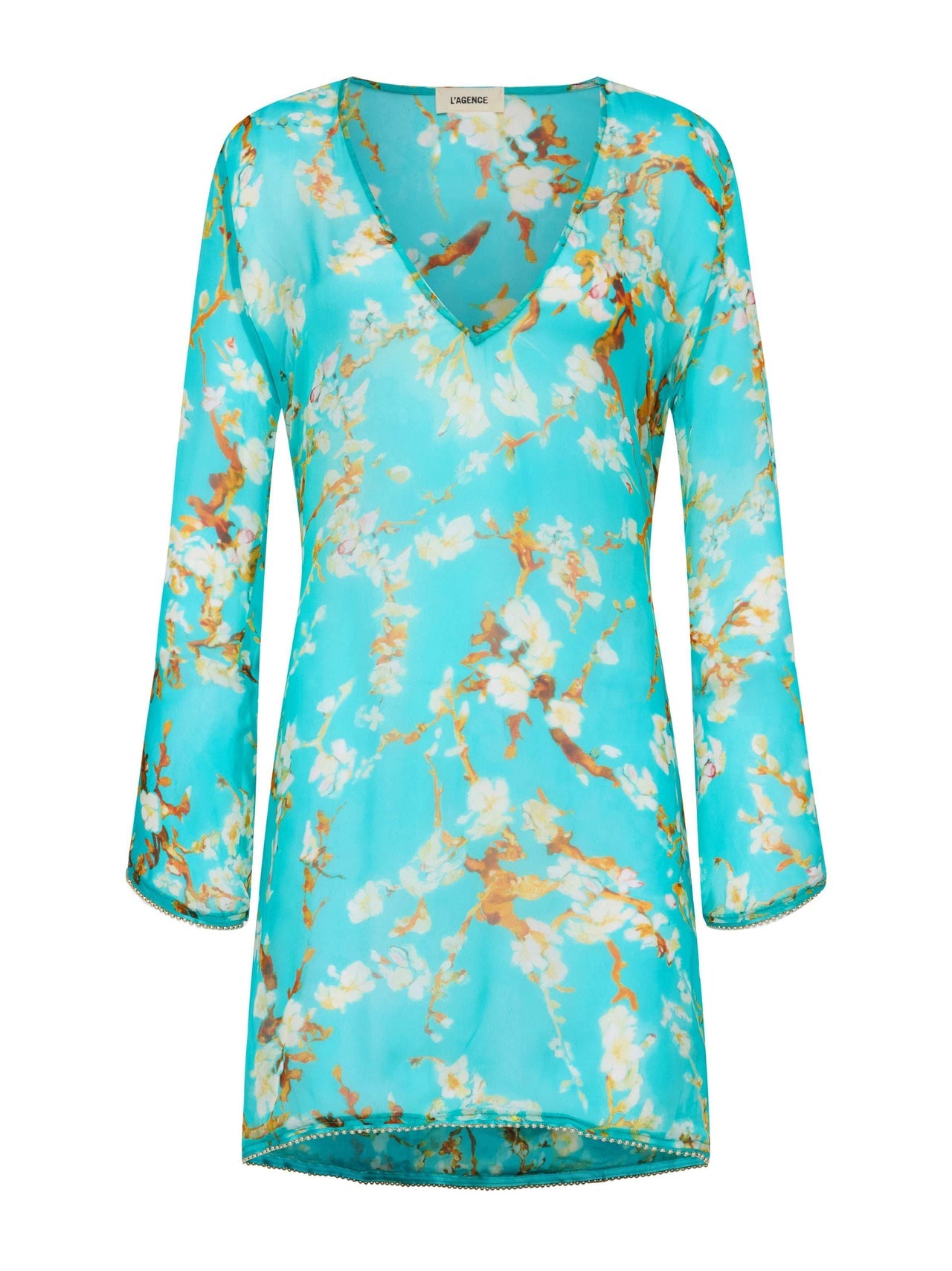 Ansley Cover-Up Dress in Teal Multi Watercolor Cherry Blossom | L'AGENCE online