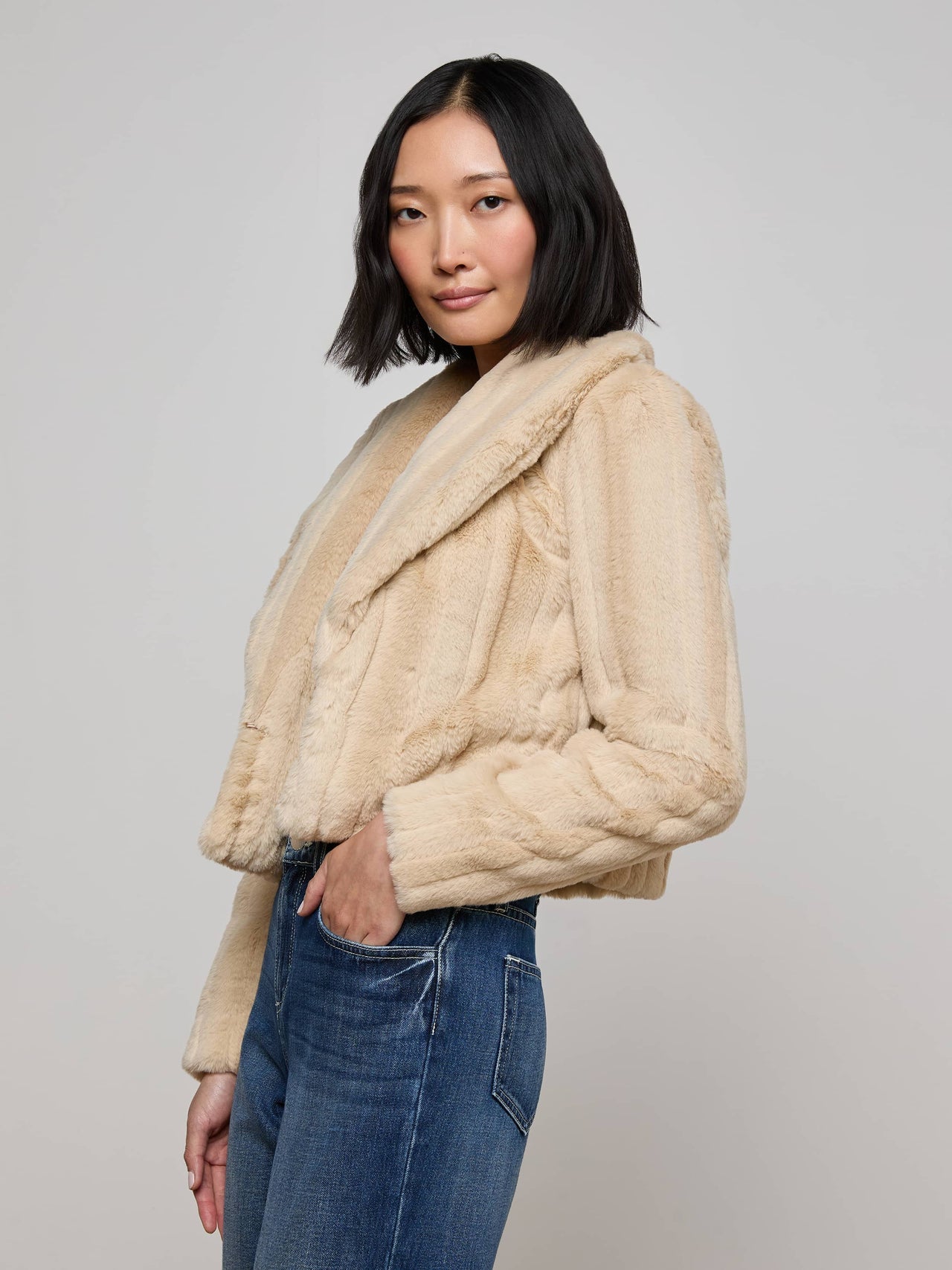 Davy Faux Fur Jacket in Latte Striped Fur | L'AGENCE for sale