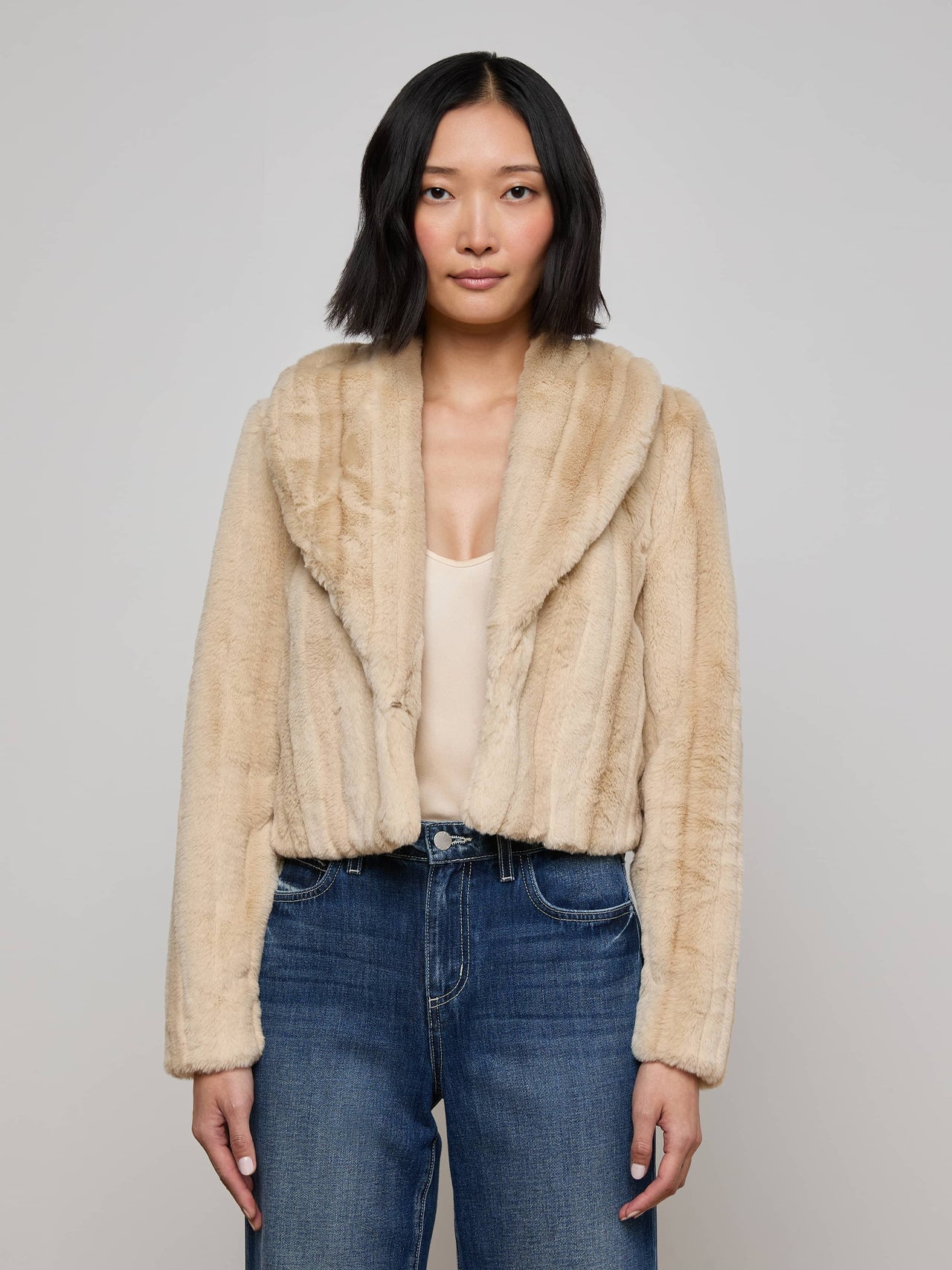 Davy Faux Fur Jacket in Latte Striped Fur | L'AGENCE for sale