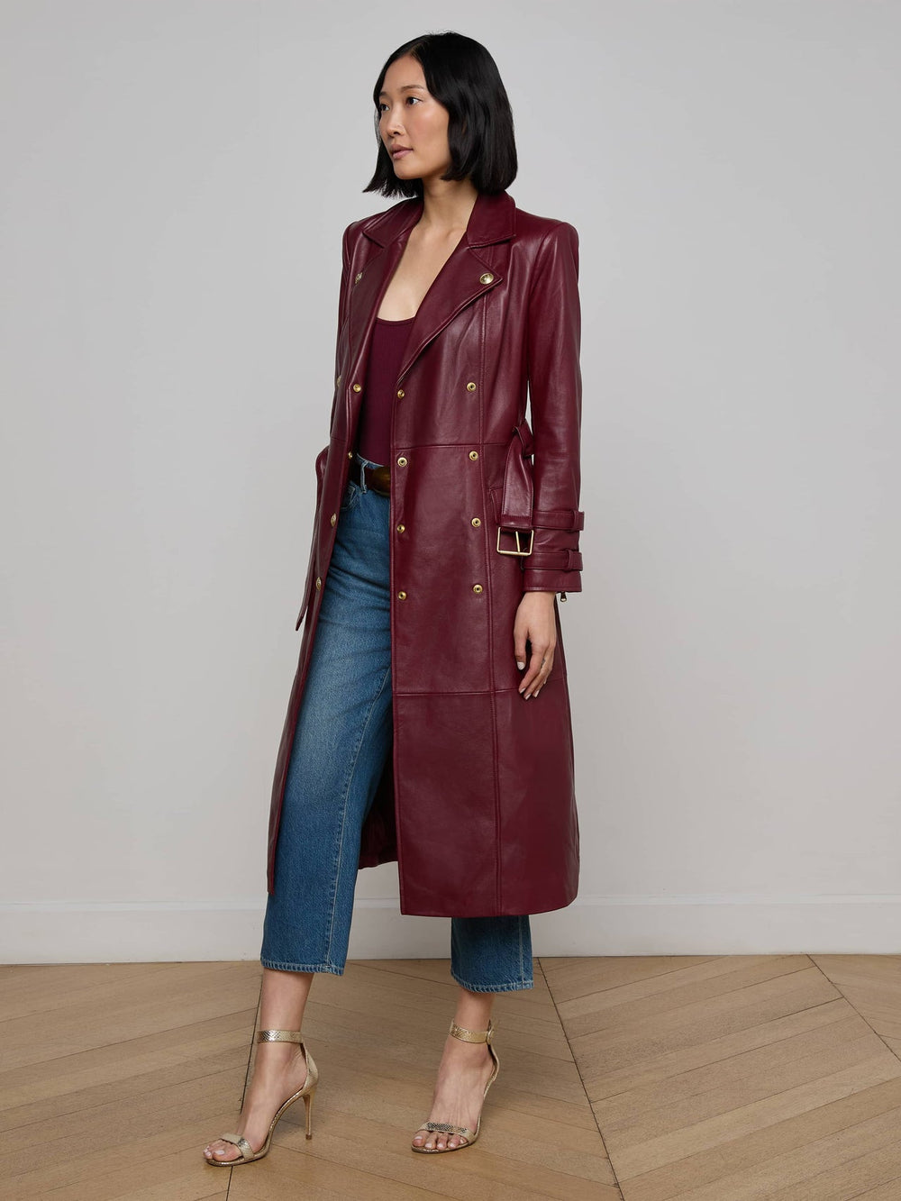 Celina Leather Trench Coat in Black Cherry | L'AGENCE online