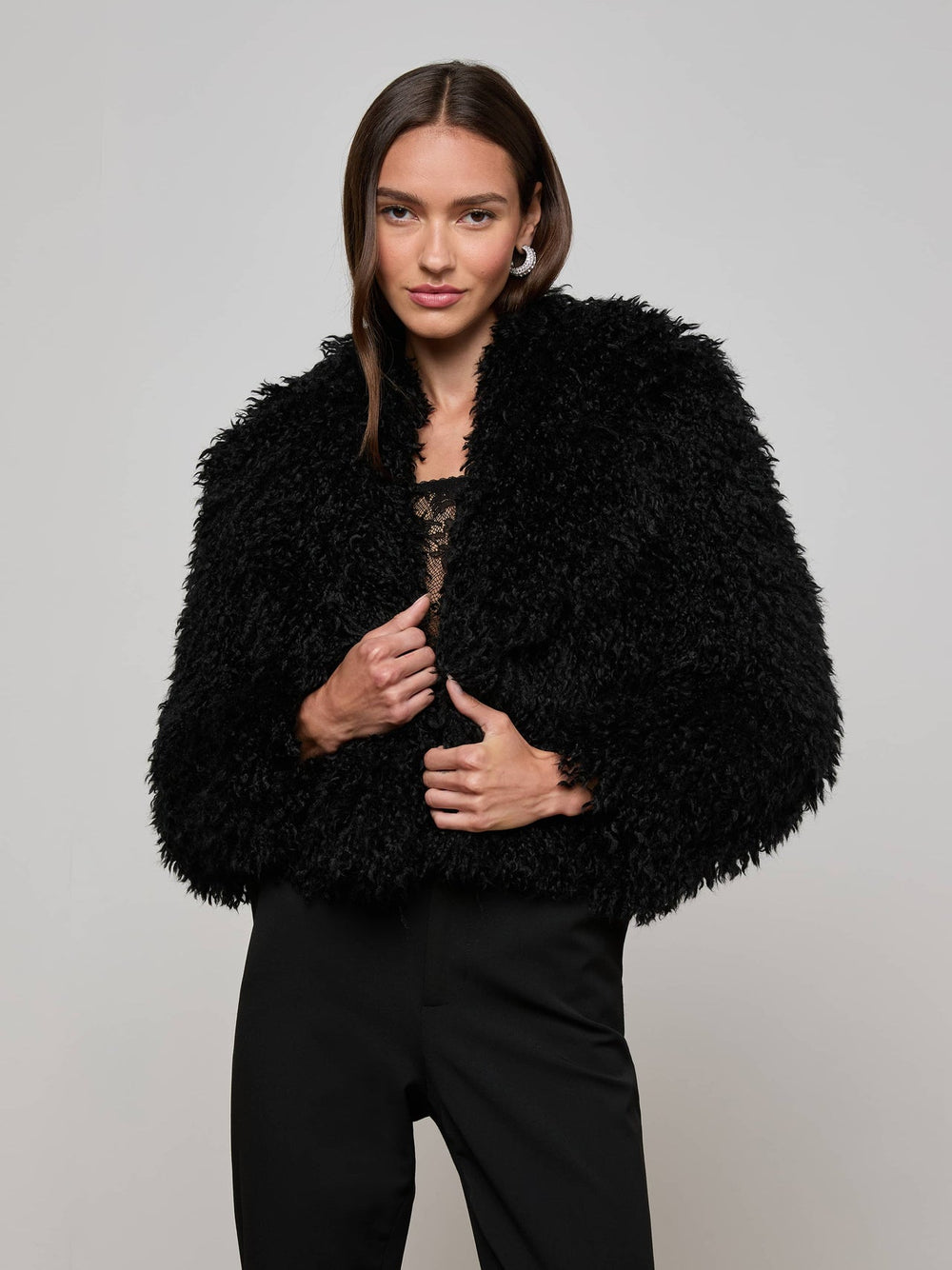 Aura Cropped Faux Fur Jacket in Black | L'AGENCE for sale
