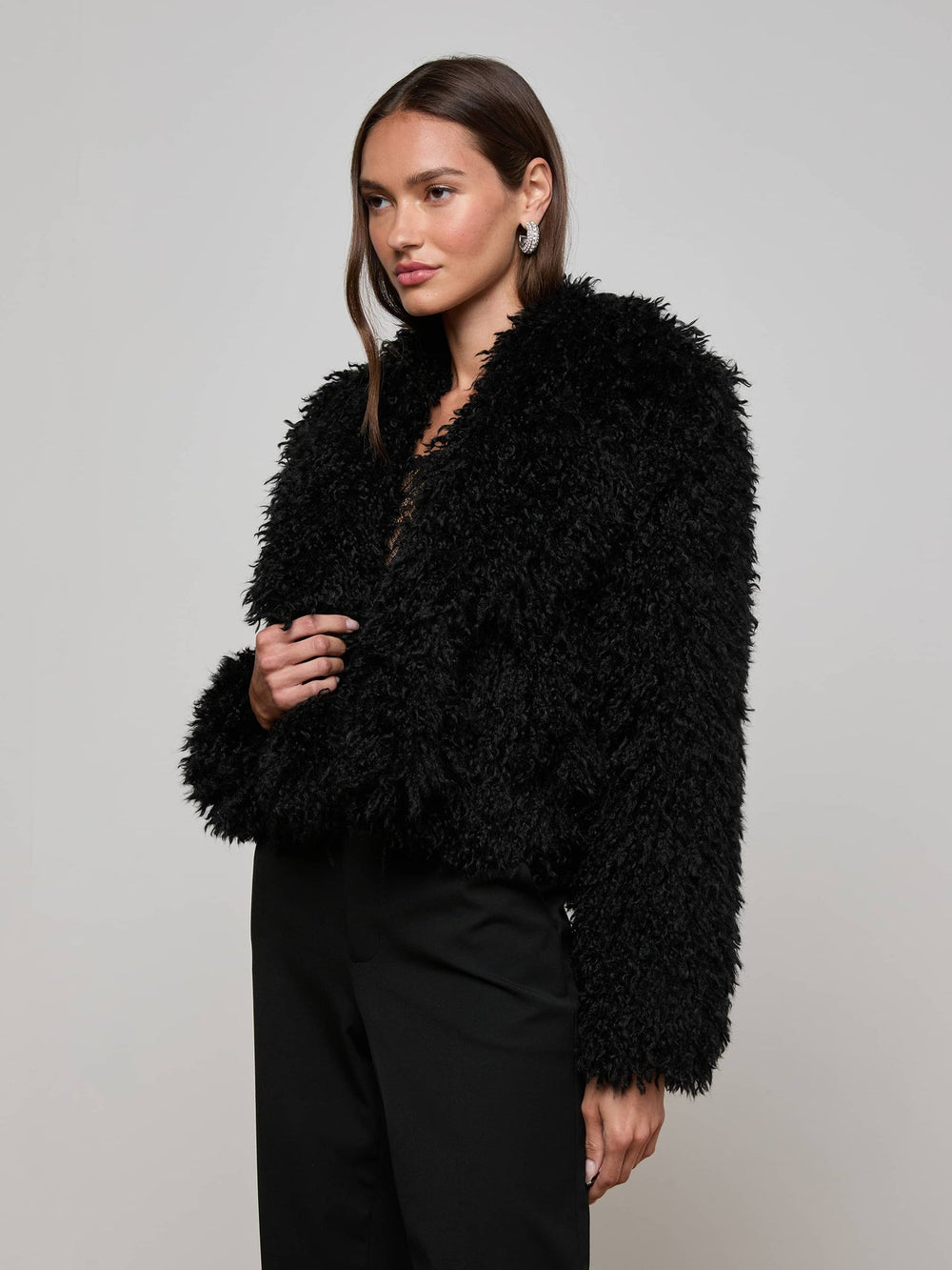 Aura Cropped Faux Fur Jacket in Black | L'AGENCE for sale