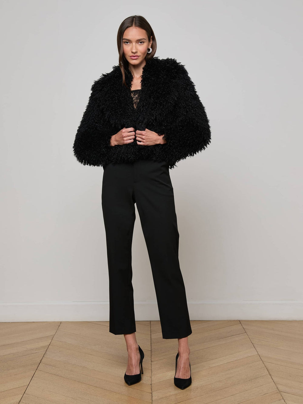 Aura Cropped Faux Fur Jacket in Black | L'AGENCE for sale